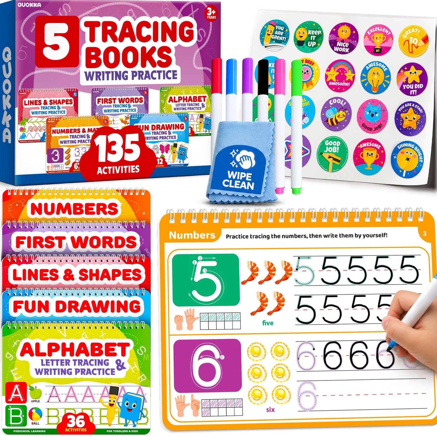 Quokka Tracing Books for Kids Ages 3-5 Set – 5 Reusable Dry Erase Activity Books for Kids Ages 3-5 Writing Practice Kit with Markers Preschool Learning Quiet Time Travel