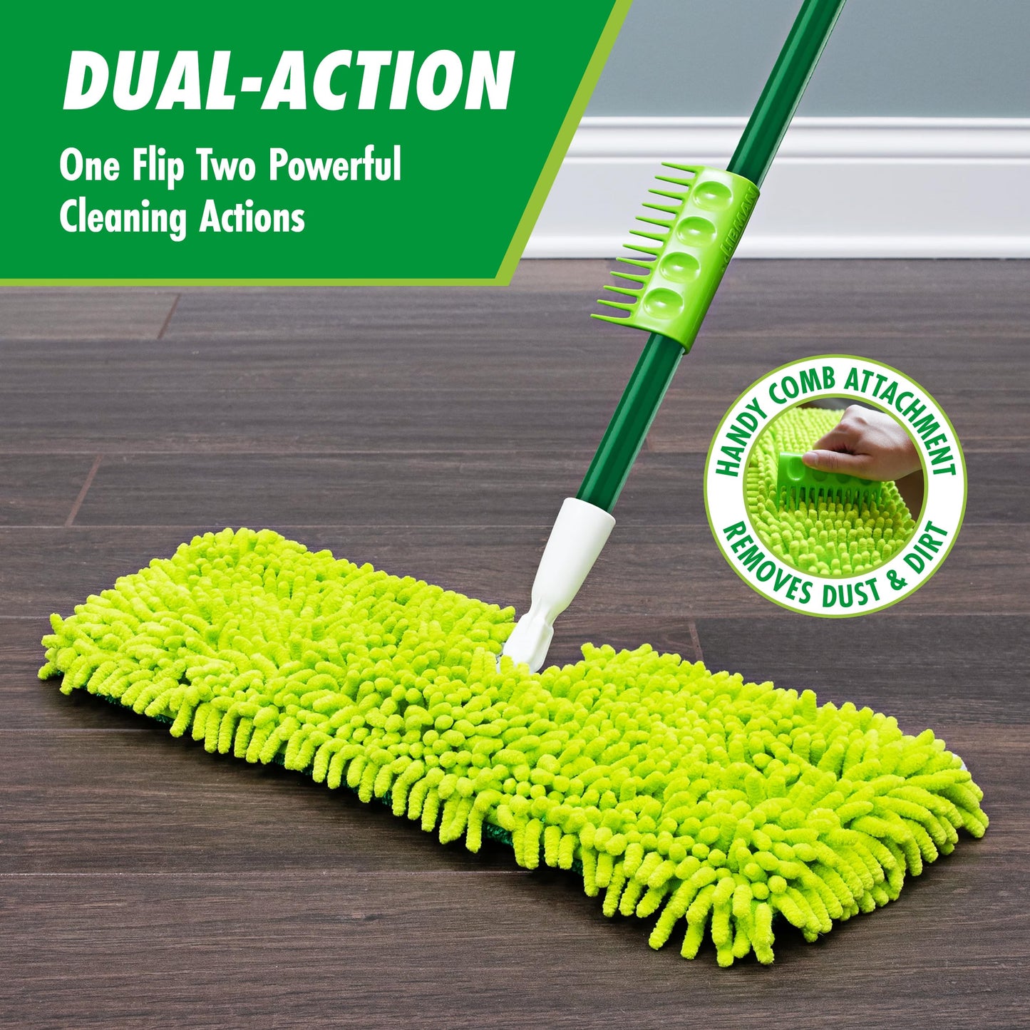 Libman 18" 2-Sided Microfiber Dust Mop, Double Sided Dry Wet Mops for Floor Cleaning, Hardwood, Laminate, Tile Cleaner, 360 Degree Swivel Head, 49” Long Handle