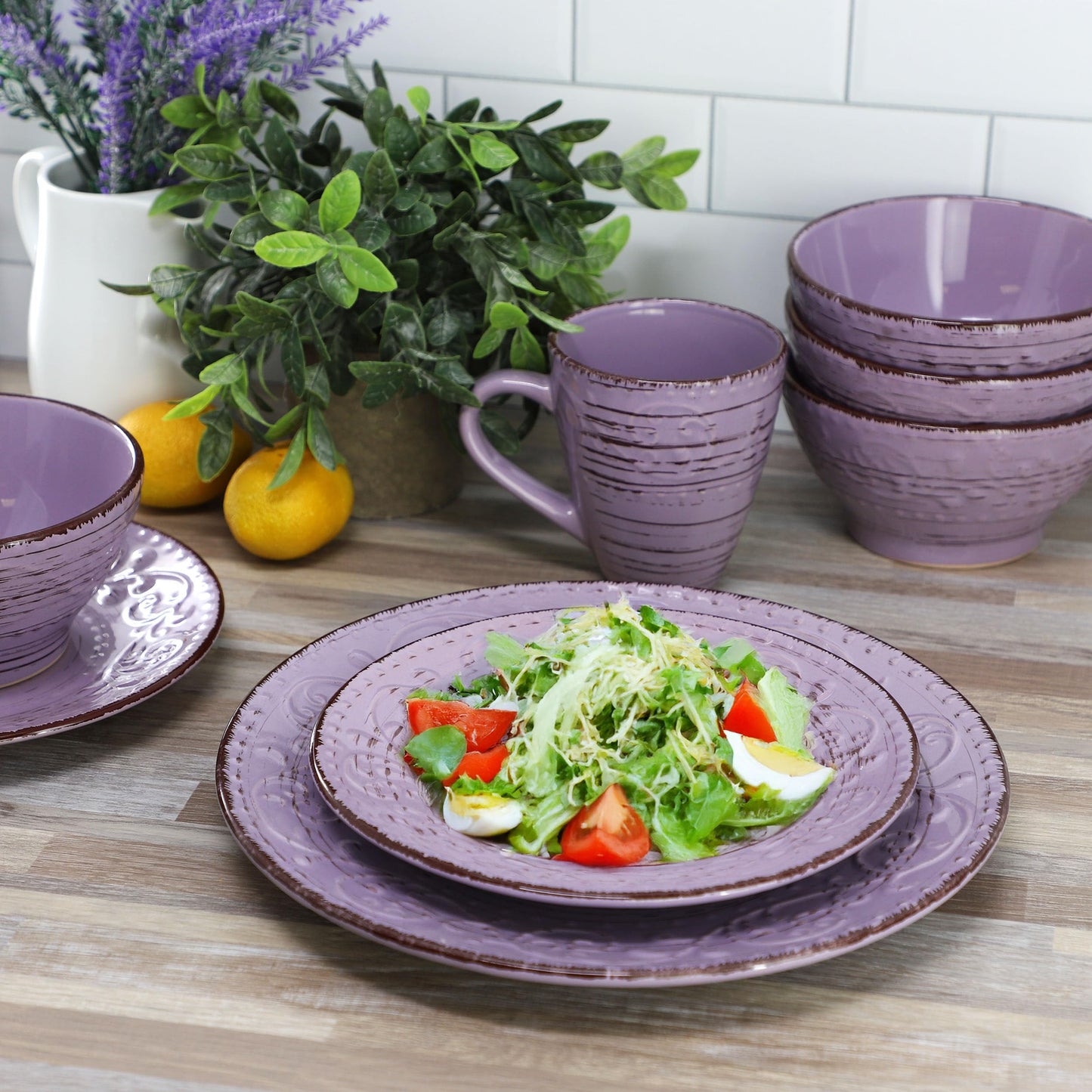 Elama Malibu Mica 16-Piece Stoneware Embossed Pattern Reactive Glaze Purple Dinnerware Set, Tableware, Serveware Set (Mica Purple)