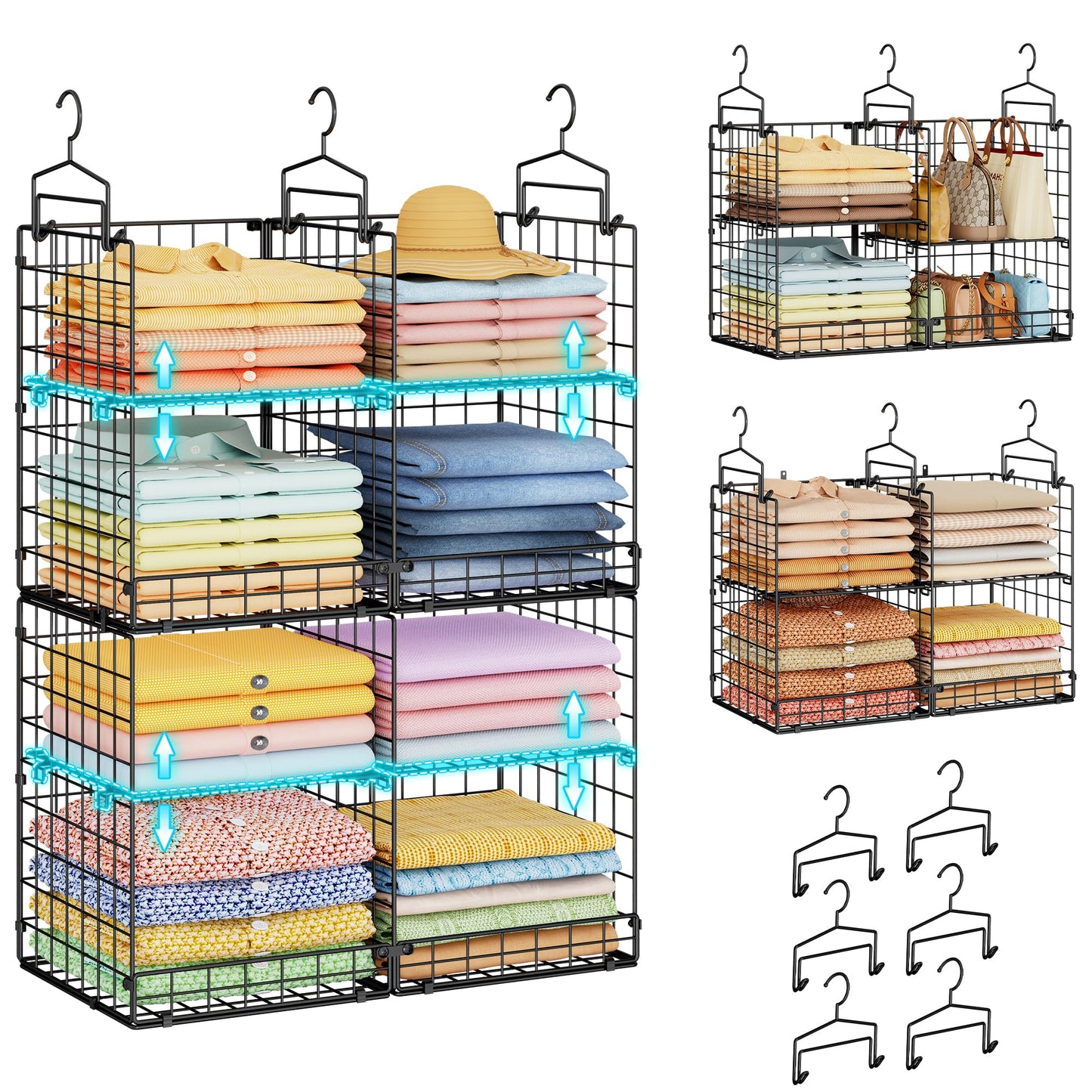 Hanging Closet Organizer with DIY Spacing, Double-Row Closet Hanging Shelves with 4 Adjustable Dividers & 6 Hooks, Heavy Duty Metal Closet Storage Organizer with Front Guard, Split into 2 Units