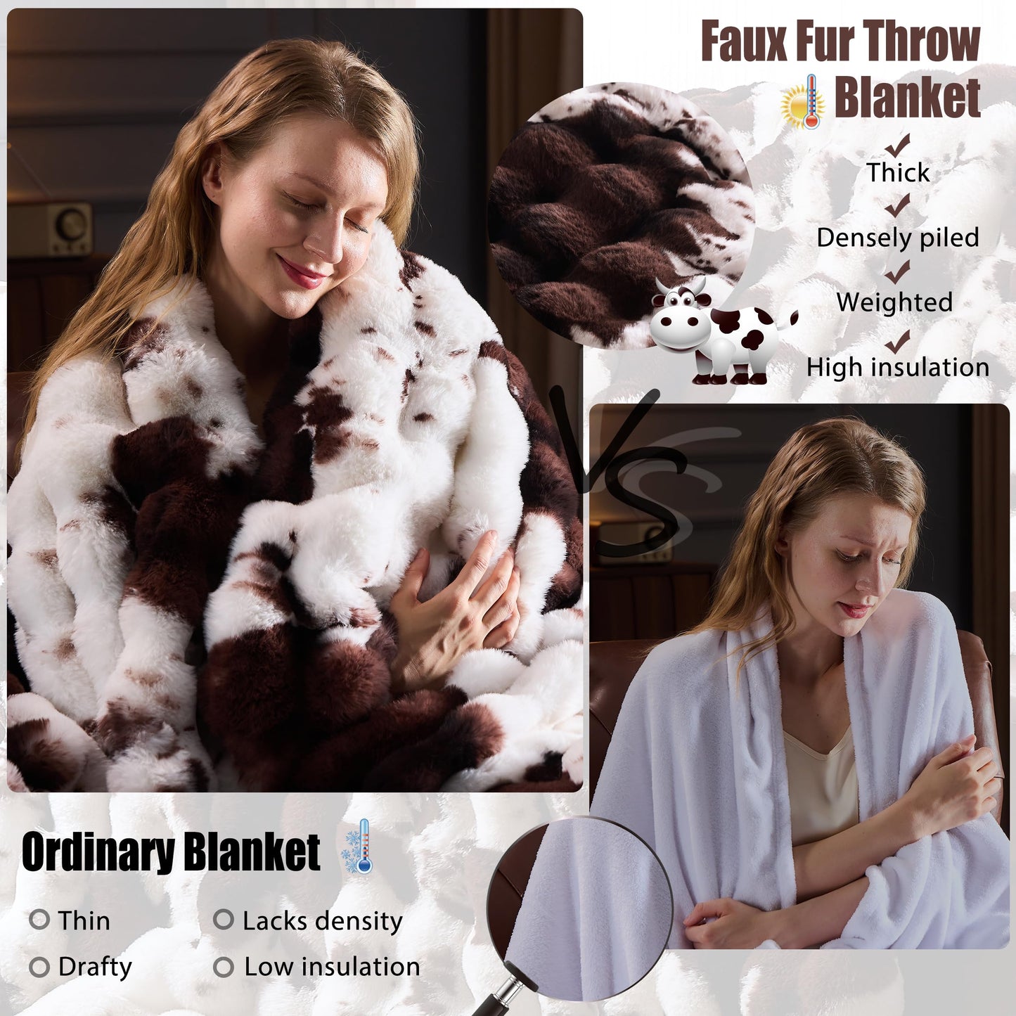 PLUUSHUU Faux Fur Throw Blanket for Couch, Fluffy Fuzzy Plush Bubble Blanket, Soft Warm Cozy Shaggy Rabbit Blanket, Luxury Decorative Gifts for Sofa Bedroom Living Room, 60x80inch (Cow Print-Brown)
