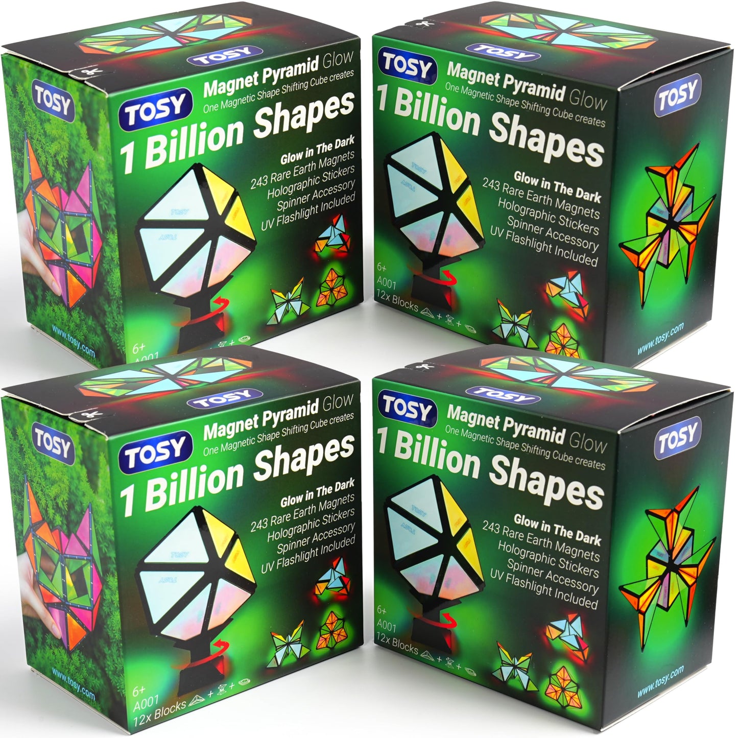 TOSY Magnet Pyramid Glow - 1 Cube Transforms into 1 Billion Shapes, 12 Pieces, 243 Rare Earth Magnets, Glowing, Holographic Design Magnet Tiles Creative Puzzle STEM/STEAM Toy, 4-Pack