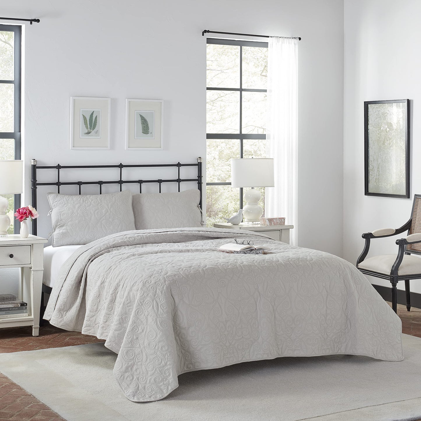 Laura Ashley Felicity Collection Quilt Set-100% Cotton, Reversible, All Season Bedding with Matching Sham(s), Pre-Washed for Added Softness, Queen, Soft Grey