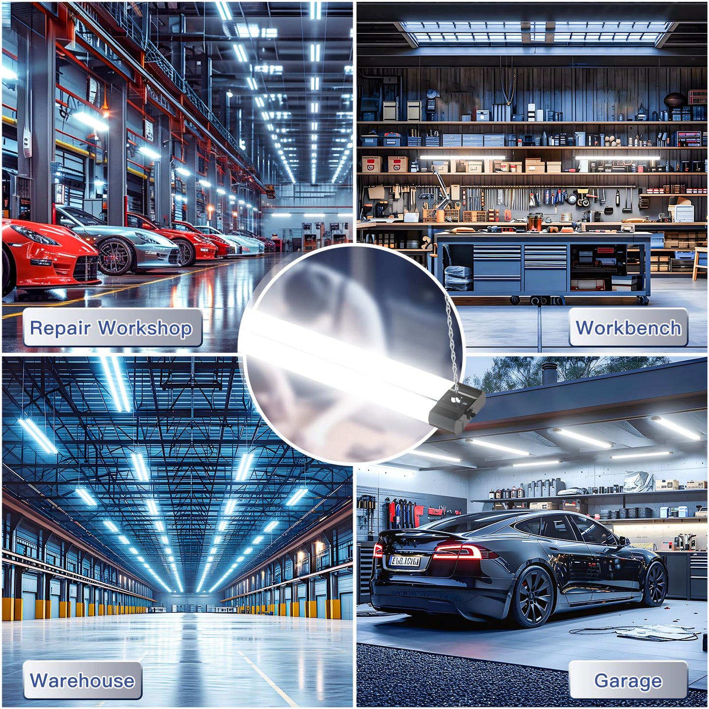 BBOUNDER 4 Pack Linkable LED Utility Shop Light, 4400 LM, Super Bright 6500K Cool Daylight, 4 FT Integrated Fixture for Garage, 40W Equivalent 250W, Surface + Suspension Mount, Black