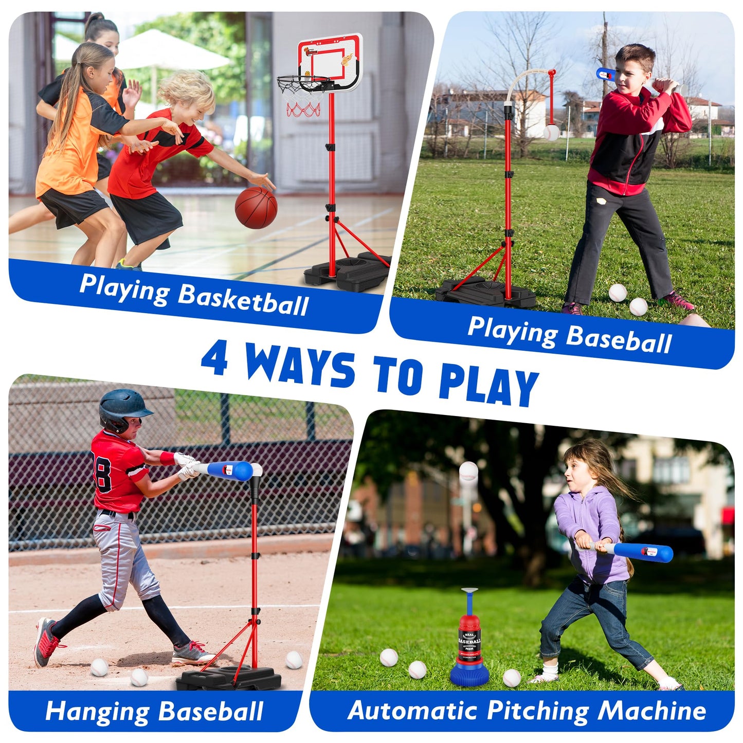 Kids Basketball Hoop Set 4 in 1 and T-Ball Adjustable T-Ball Stand with Automatic Throwing Machine Sports Toys Indoor Outdoor Gifts