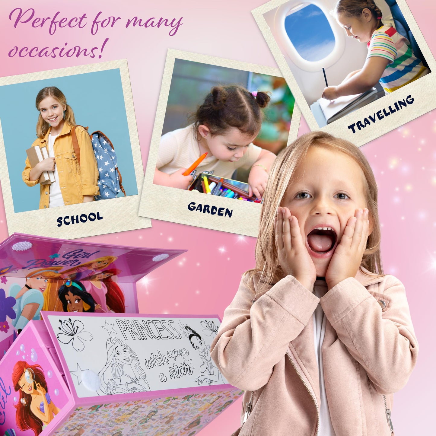 Disney Kids Coloring Pencils Markers Crayons Art Supplies in Box - Kids Gifts (Pink Princesses)