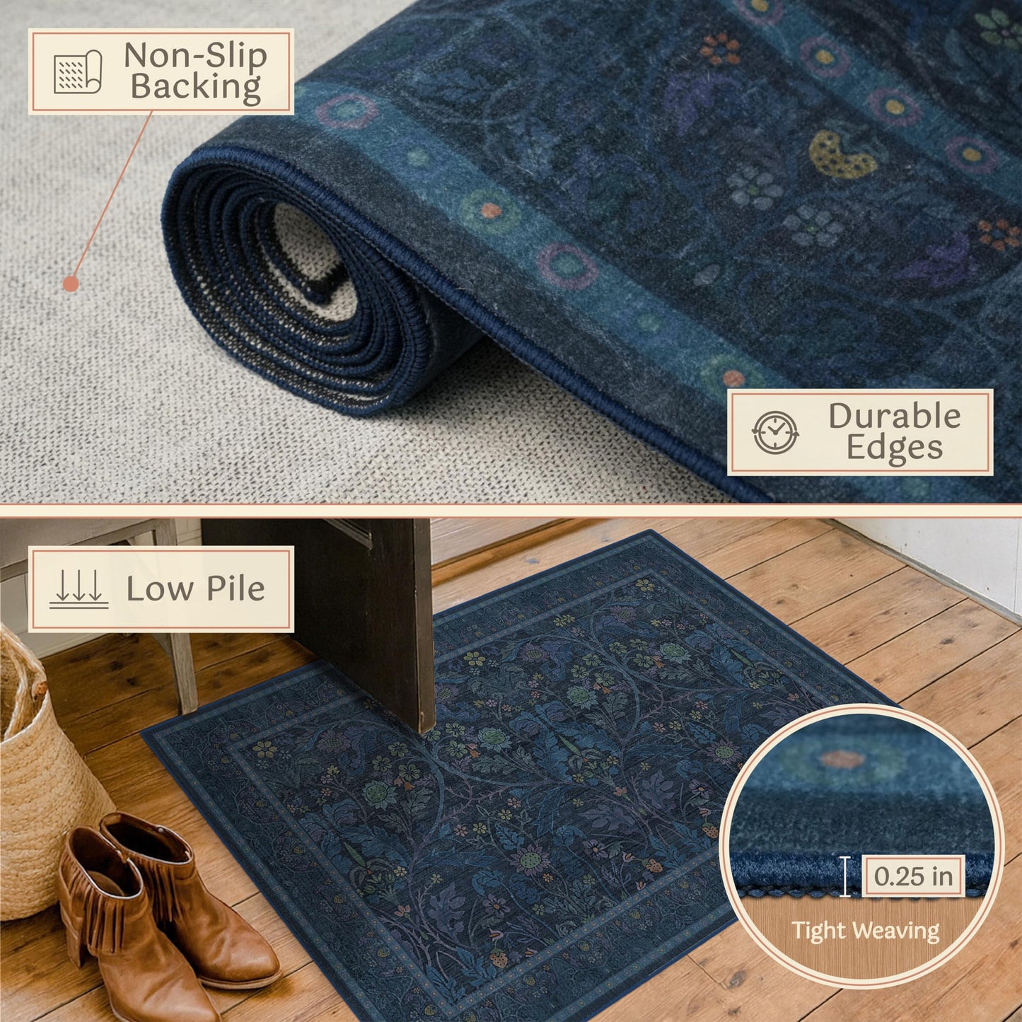 4x6 Washable Kitchen Rugs - Navy Blue Large Entryway Rugs Indoor, Non Slip Area Rug for Mudroom, Bedroom, Low Pile Stain Resistant Flower Victorian Carpet (Dark Blue)