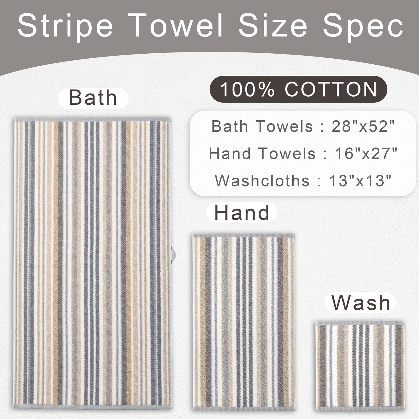 Beige Striped Hand Towels, Bathroom Hand Towels Set of 4, 16"x27" - 100% Cotton | Quick Dry | Absorbent | Light Weight, Soft Towel Set for Showering & Guest, Luxury Towel Gift, Tan and Gray