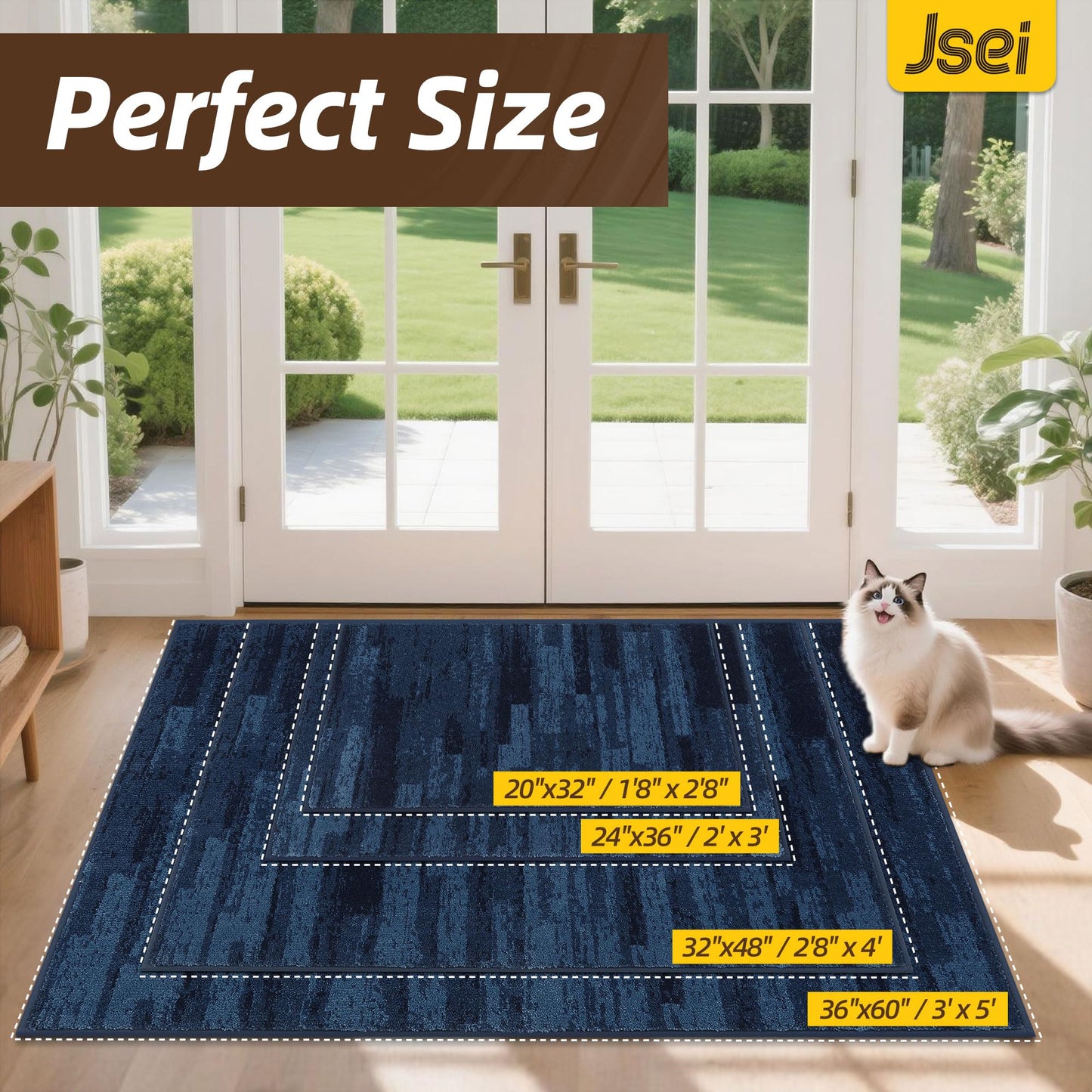 JSEI Dirt Trapper Door Mat 24"x36", Non-Slip Doormats Washable Entryway Mat, Welcome Floor Mat Absorbent Low Profile Dog Door Mats for Front Back Door, Wet Shoes & Paws, Blue