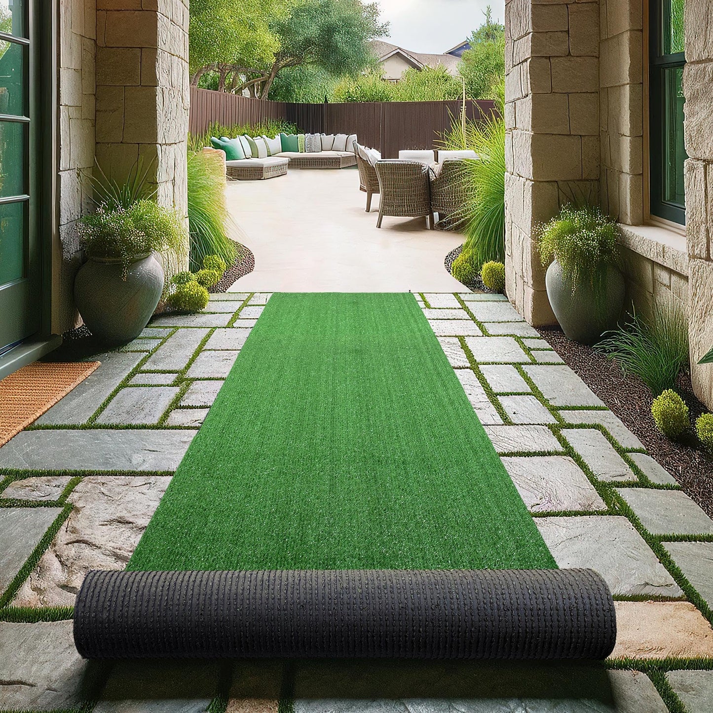 Sweet Home Stores Artificial Faux Grass Runner Rug 3x20 Indoor/Outdoor with Drainage Holes, Customizable Runner Rug for Backyard, Patio, Garage Rug, 2'7" x 20'
