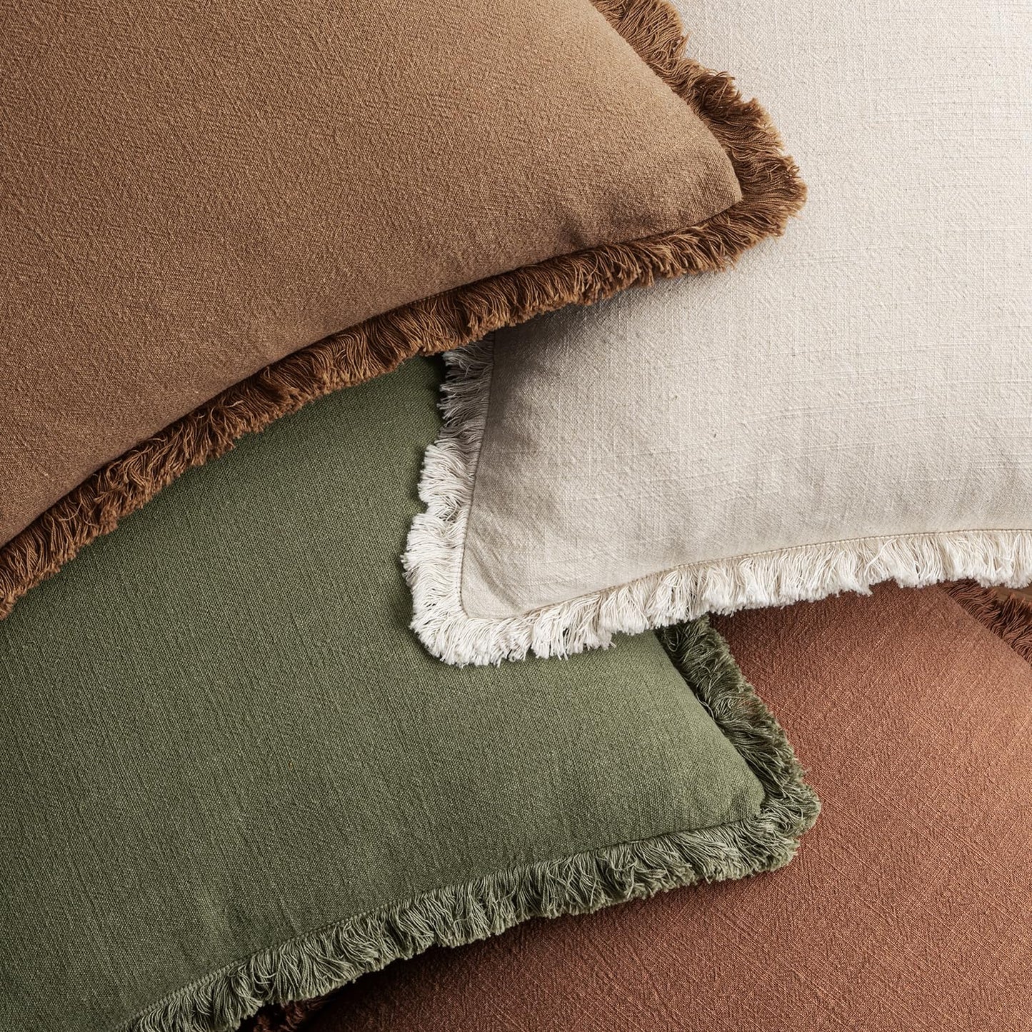 MIULEE Fall Decorative Couch Pillow Covers Neutral Linen Fringe Throw Pillows Set of 4 Soft Rustic Cushions Boho Farmhouse Pillowcases for Bed Sofa Living Room Home Decor 18x18 Inch Beige/Brown/Green