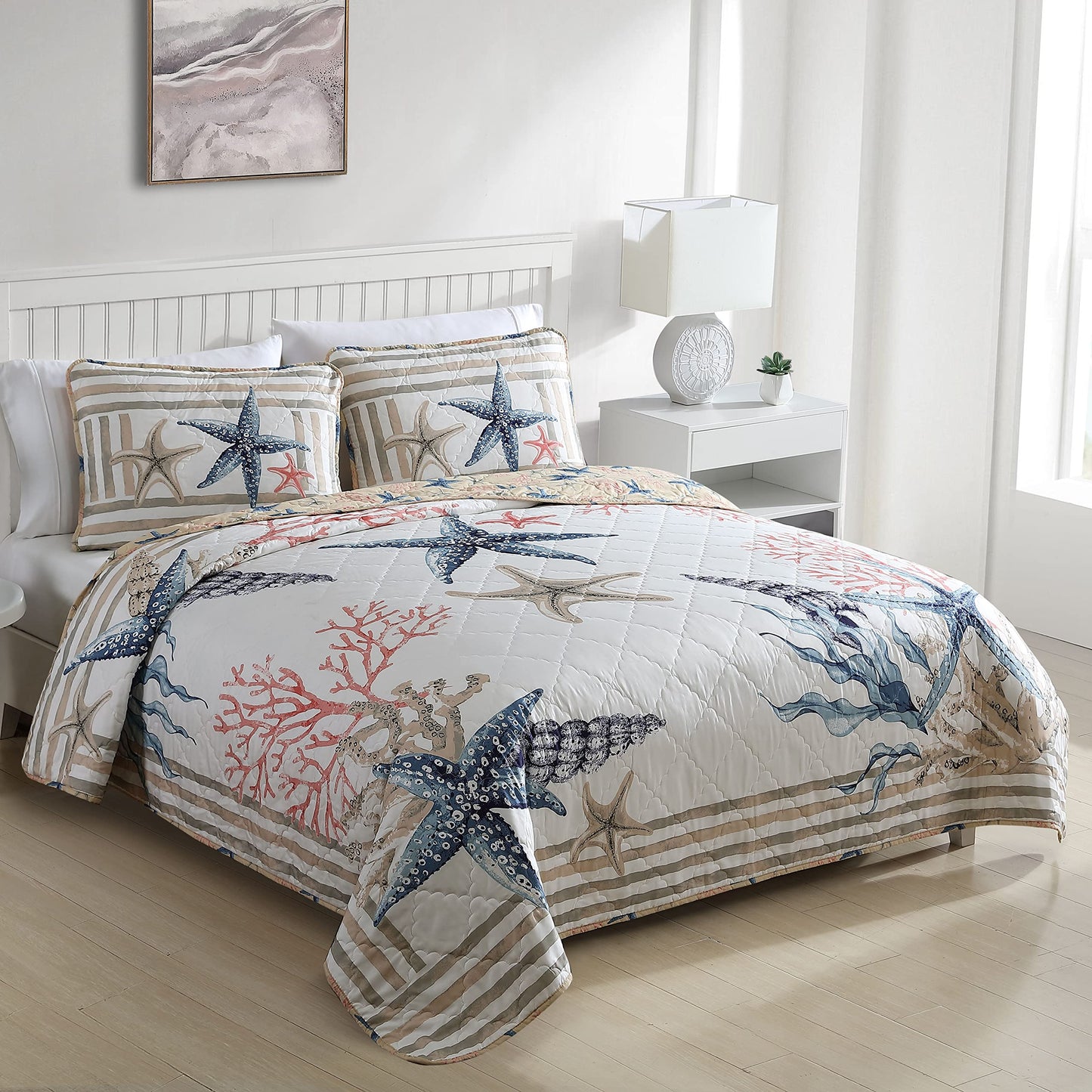 CARIBBEAN JOE Coastal 3-Piece Quilt Set, King, Sea Breeze Seaweed