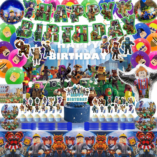Birthday Party Decorations - Theme Children's Party Supplies Included Happy Birthday Banner, Backdrop, Hanging Swirls, Tablecloth, Cupcake Cake Toppers, Tableware set, Latex and Foil Balloons