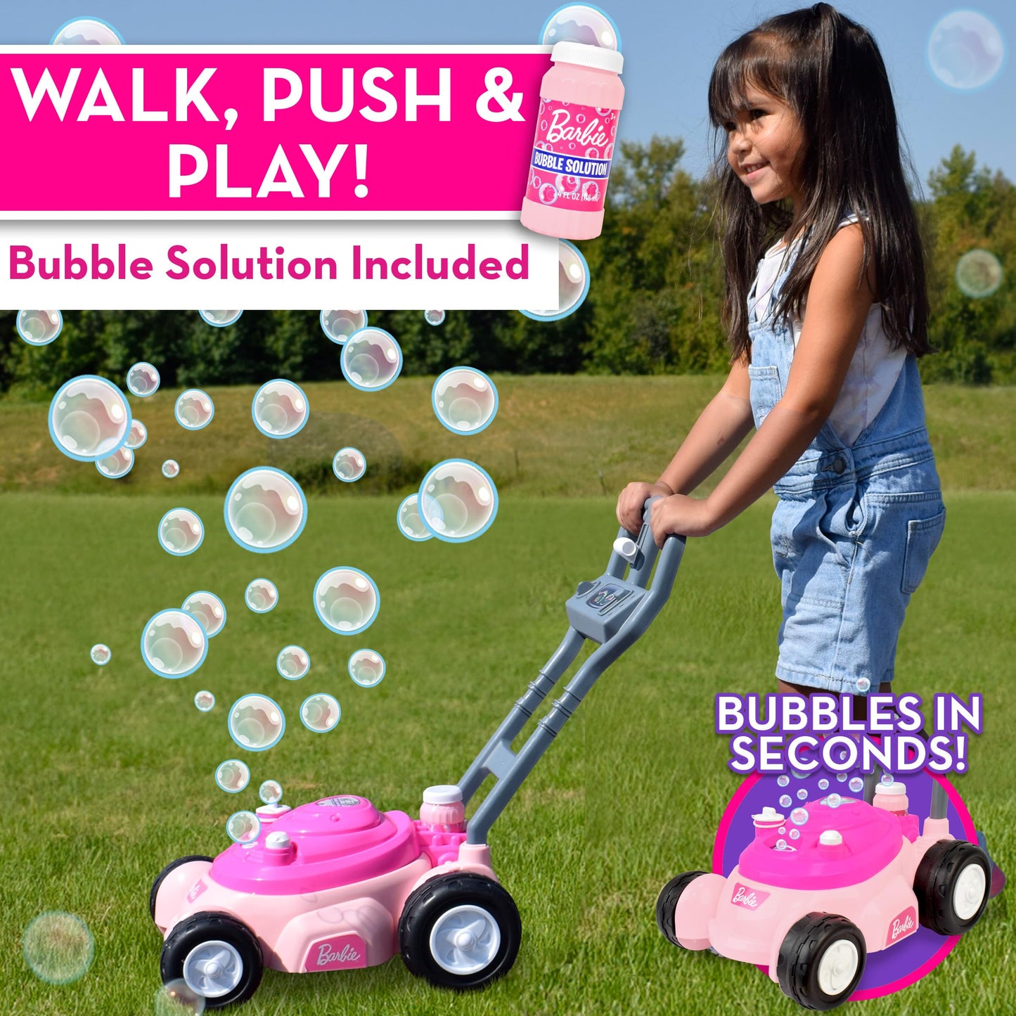 Barbie Bubble Lawn Mower for Toddlers, Bubble Blowing Machines, Indoor and Outdoor Gardening Toy, Birthday, Party Favor for Prechool Girls No Batteries, Includes Bubble Solution, 2+