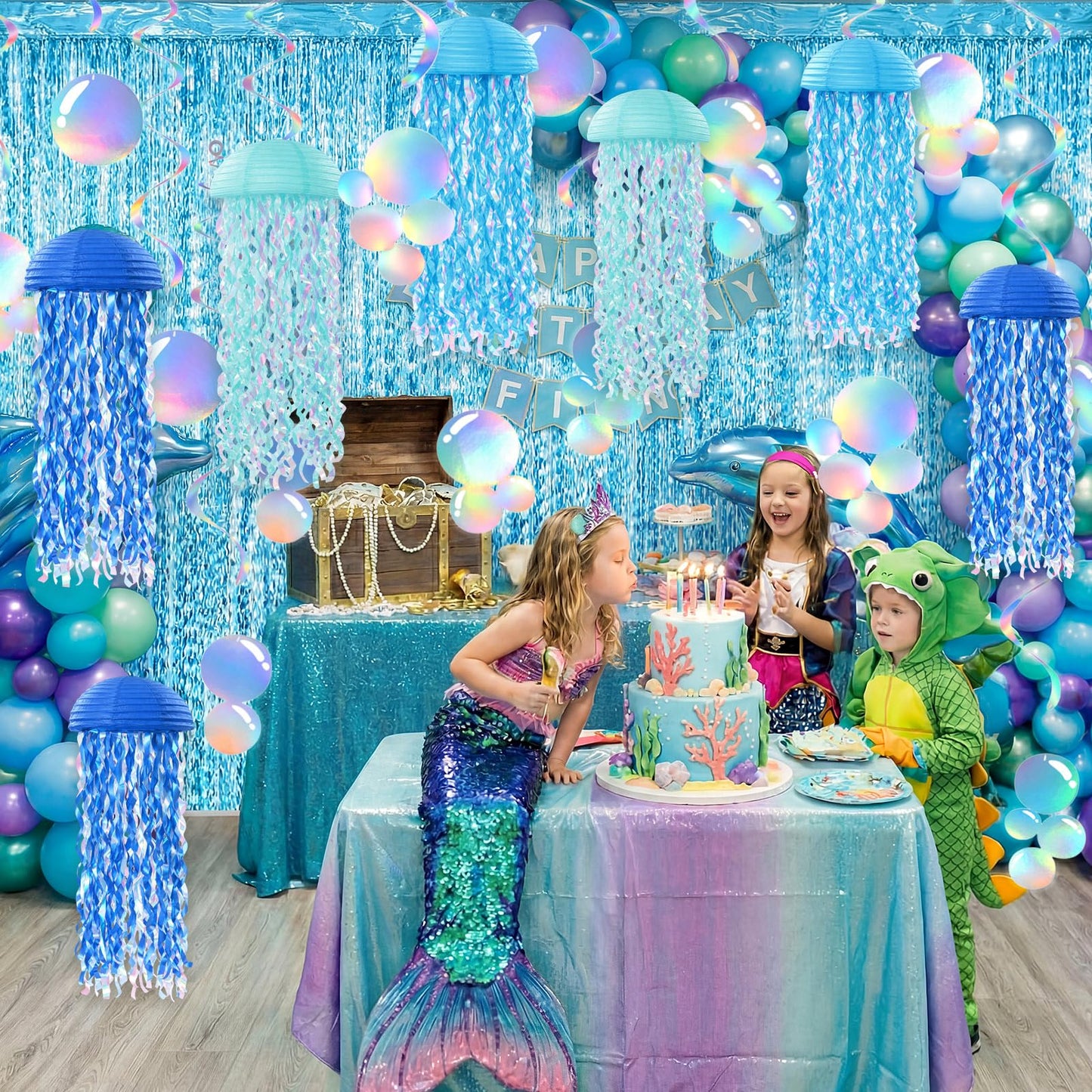 Soulchen 20 Pcs Hanging Jellyfish Paper Lanterns with Tassel Curtains Swirl Bubble Streamers Under The Sea Ocean Themed Mermaid Party Decorations for Birthday Baby Shower Beach Ceiling(Blue)