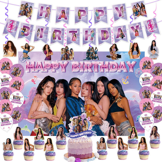 Birthday Party Decorations, Purple Pink Party Supplies Set with Happy Birthday Banner, Backdrop, Balloons, Hanging Swirls Cake Toppers and Cupcake Toppers for Fans Birthday Party