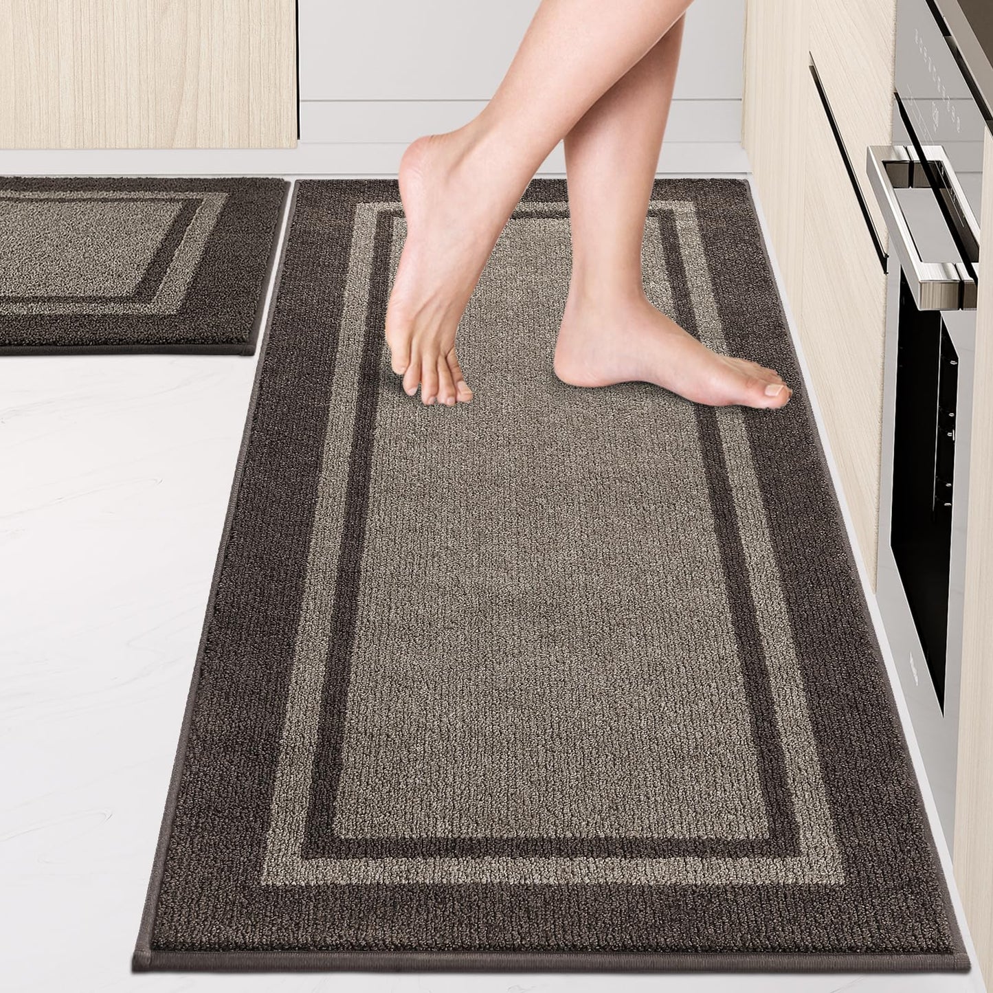 Kitchen Rugs Set (24" x 36"+24" x 60"), Non-Slip Machine Washable Kitchen Runner Rugs Floor Mats, Absorbent Comfort Standing Mat for Kitchen, Sink and Hallway, Rolled Packaging, Grayish Brown & Coffee