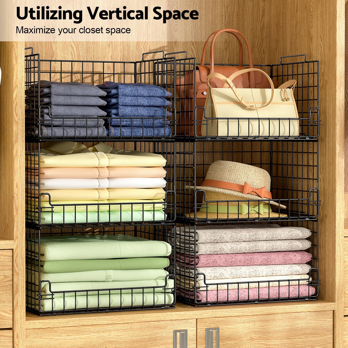 Astrorhine 4-Tier Stackable Closet Organizers and Storage Basket - Foldable Closet Shelf Organizer System, Sturdy Metal Space-Saving Clothes Storage Bins for Wardrobe, Black
