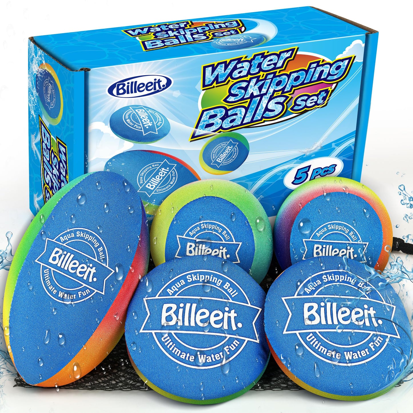 Billeeit 5PCS Water Skipping Balls Set for Pool, Beach & Lake Play, Floating TPR Bounce Balls and Water Discs with Mesh Bag for Kids 3+ and Adults