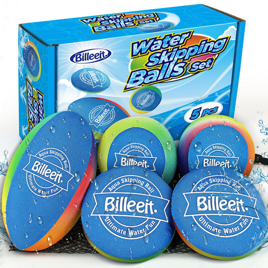 Billeeit 5PCS Water Skipping Balls Set for Pool, Beach & Lake Play, Floating TPR Bounce Balls and Water Discs with Mesh Bag for Kids 3+ and Adults
