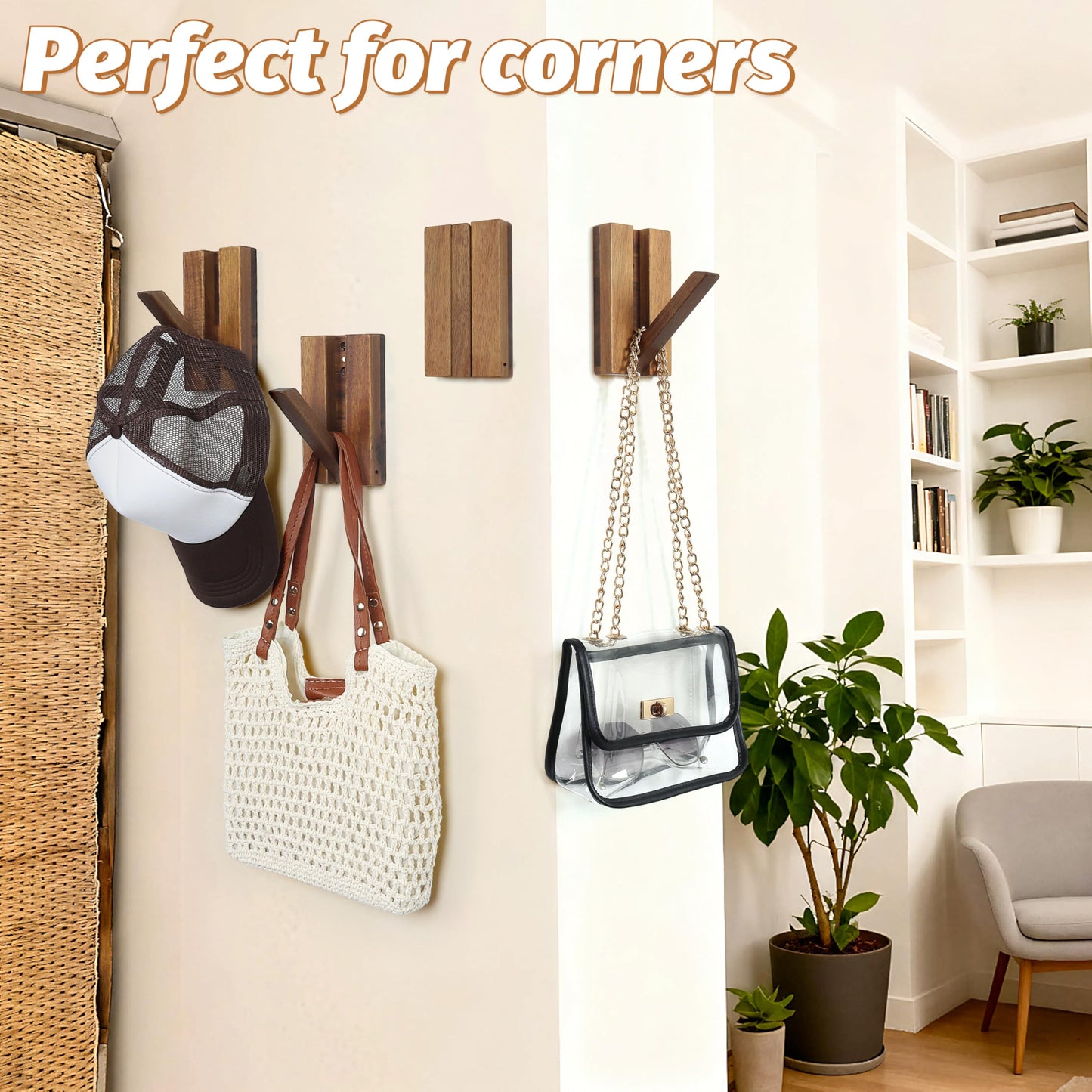 KYIAANY Foldable Wall Hooks 4Pack: Rustic Wooden Coat Hooks Mounted for Heavy Duty Hanging Towels Backpack Bags Hats, Space Saving Minimalist Decorative Hooks for Aesthetic Homeowners