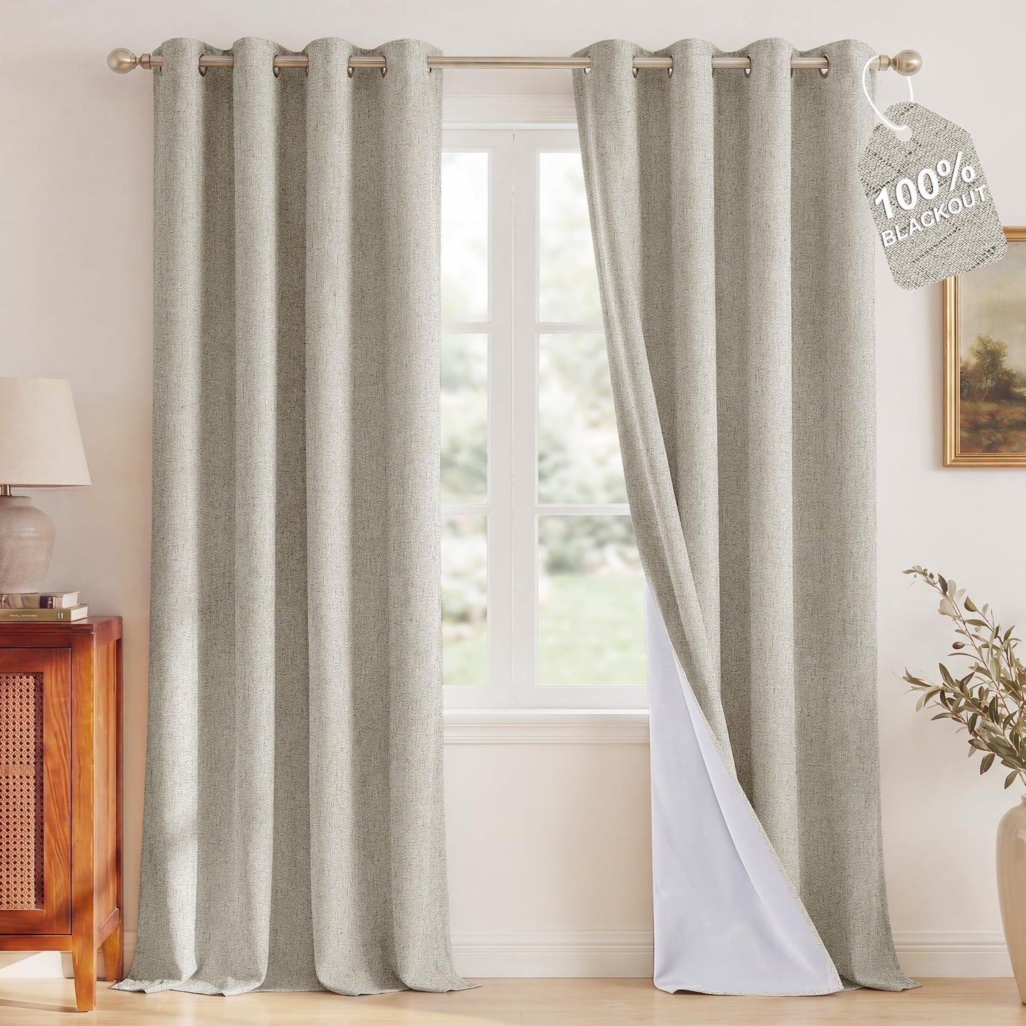 NICETOWN 100% Blackout Linen Beige Curtains 84 inches Long for Living Room, White Liner Composite Grommet Bedroom Thermal Drapes Casual Home Decor Window Treatments, 2 Panels, W52 x L84