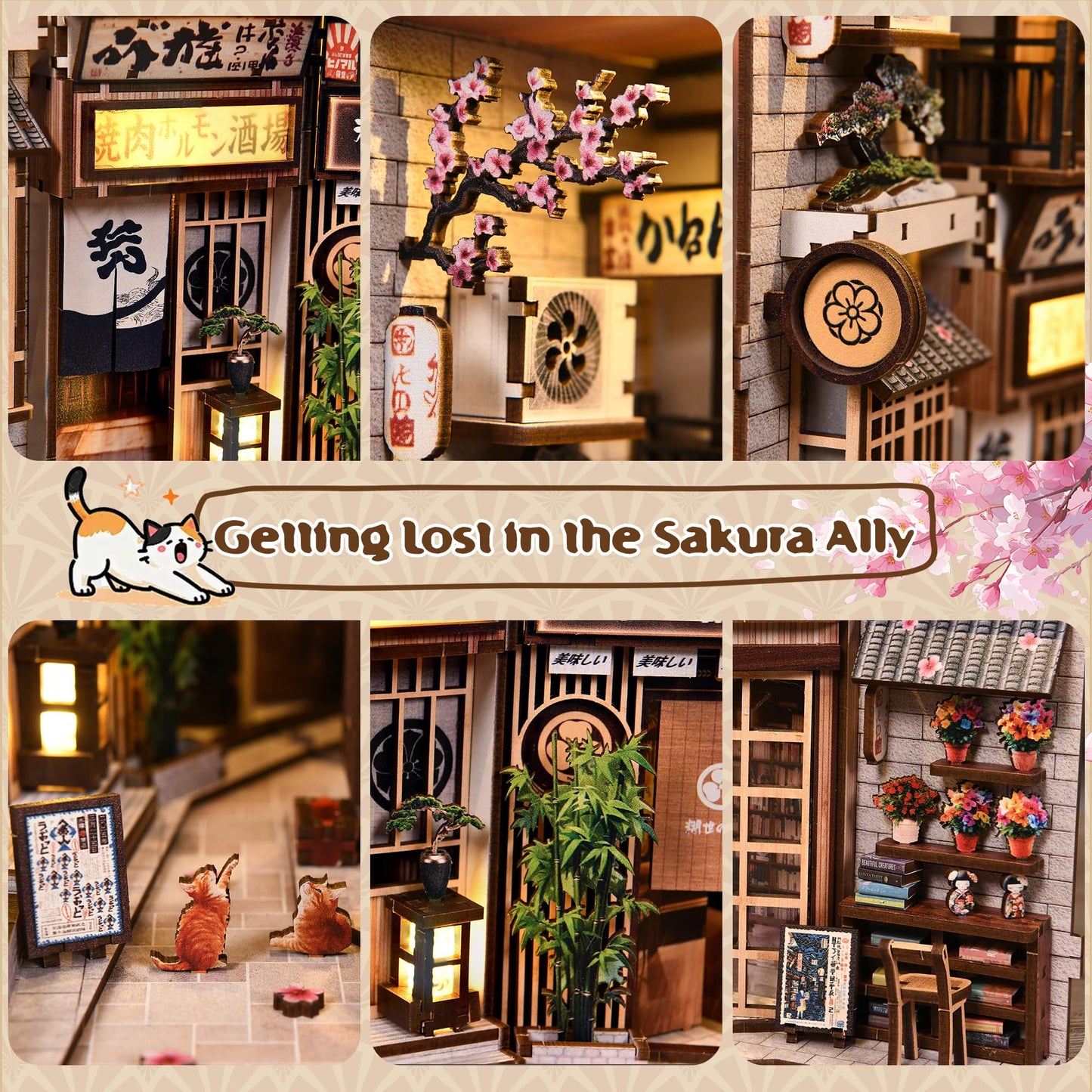 Soothee DIY Book Nook Kit, Japanese Alley Waiting for the Cat Theme, Wood Miniature Model with LED Lights, 3D Puzzle for Adults