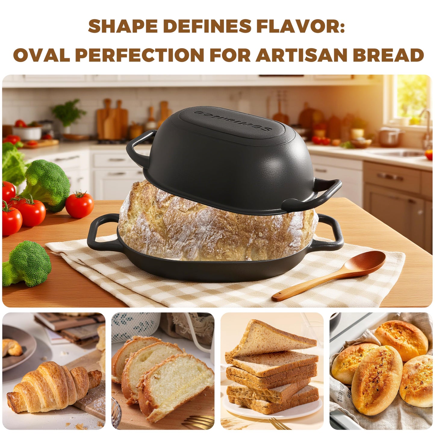 GdnWings Oval Dutch Oven for Bread Baking 12 x 8 Inch, Pre-Seasoned Cast Iron Bread Oven for Sourdough, Dutch Oven Bread Loaf Pan for a Crispy Crust, 5QT