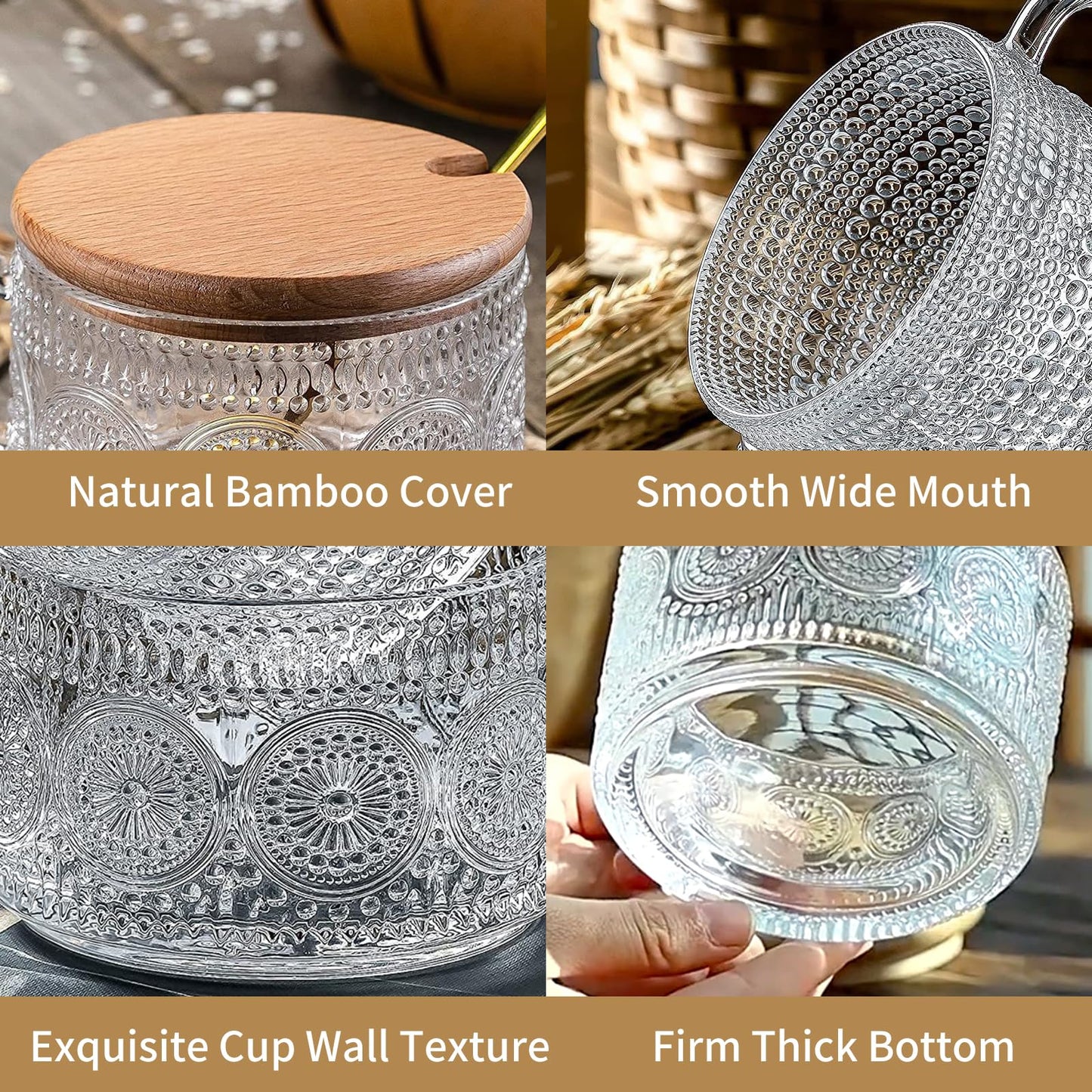 DOPUDO 6pcs Vintage Coffee Mugs 14oz, Overnight Oats Containers with Bamboo Lids and Spoons - Clear Embossed Glass Cups, Cute Iced Coffee Glasses Bar Accessories, Clear Cups Vintage gifts for women
