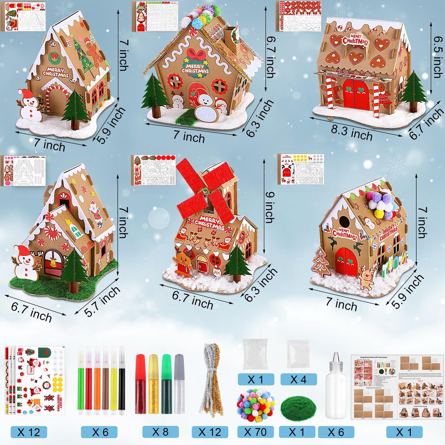 Fovths 6 Sets DIY Christmas Gingerbread House Kit 3D Christmas Cardboard Craft House Decoration DIY Build Gingerbread Houses for Holiday Arts Crafts Fun Home Activity Party Favors, Classic Style