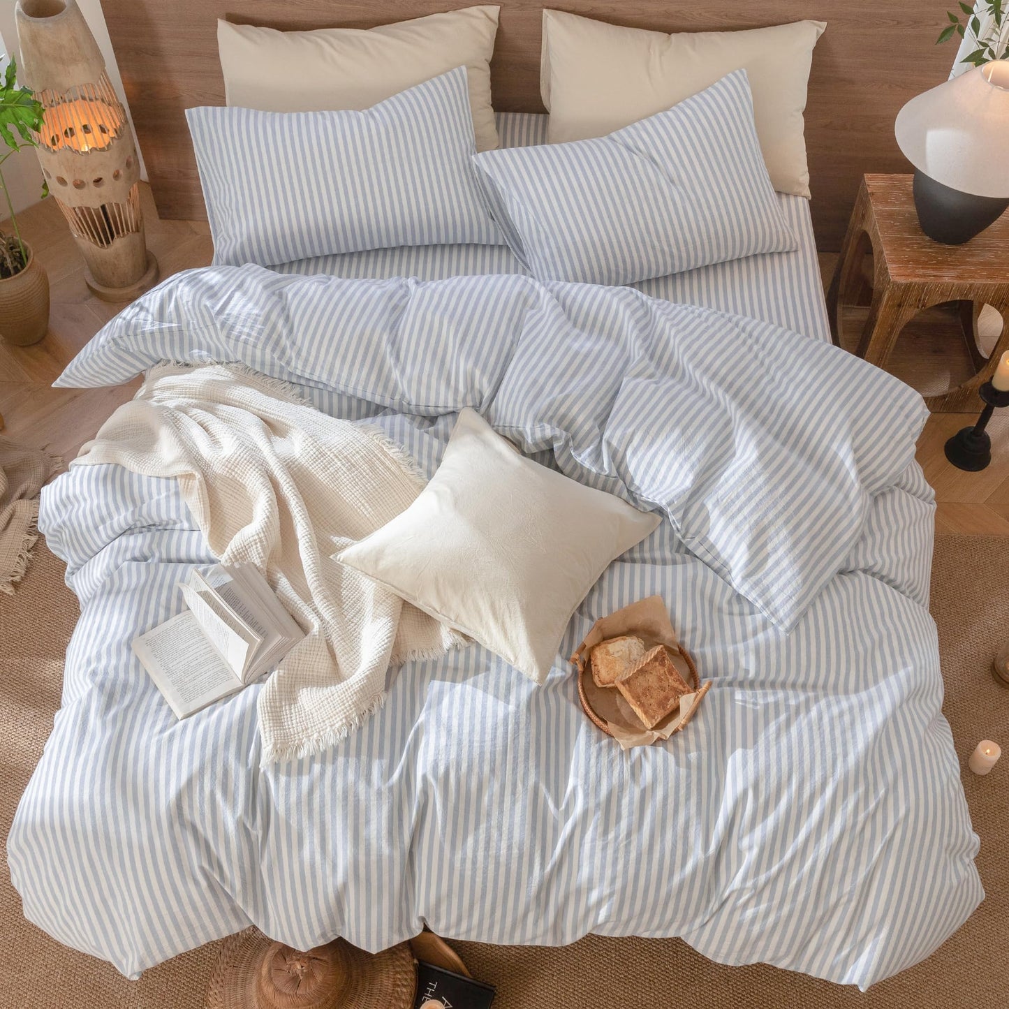 MooMee Striped Duvet Cover Set 100% Washed Cotton Linen Like Textured Breathable Durable Soft Comfy (Cornflower Blue White Classic Stripes, Queen 90"x90")