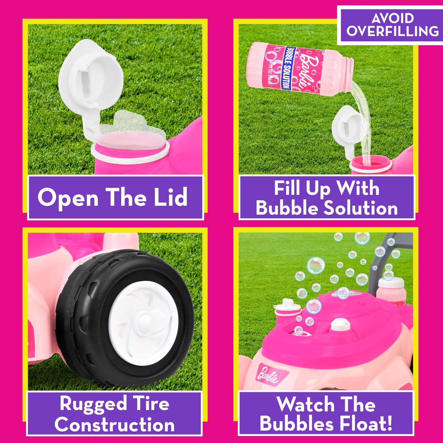 Barbie Bubble Lawn Mower for Toddlers, Bubble Blowing Machines, Indoor and Outdoor Gardening Toy, Birthday, Party Favor for Prechool Girls No Batteries, Includes Bubble Solution, 2+