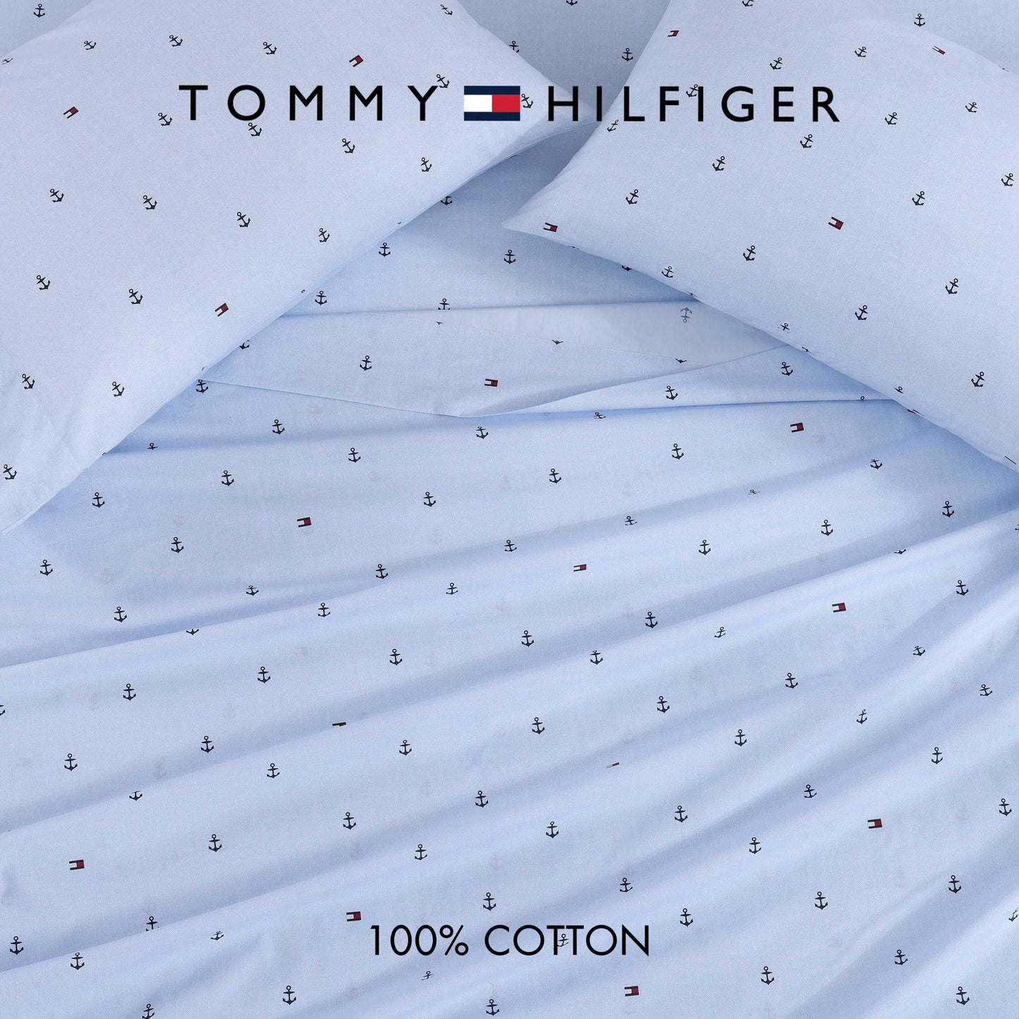 Tommy Hilfiger – Queen Size Sheet Set, Soft Cotton Percale Bedding with Crisp Cooling Comfort, Deep Pocket Fitted Sheet with Matching Pillowcases, Americana Decor (Nautical Anchor Light Blue)