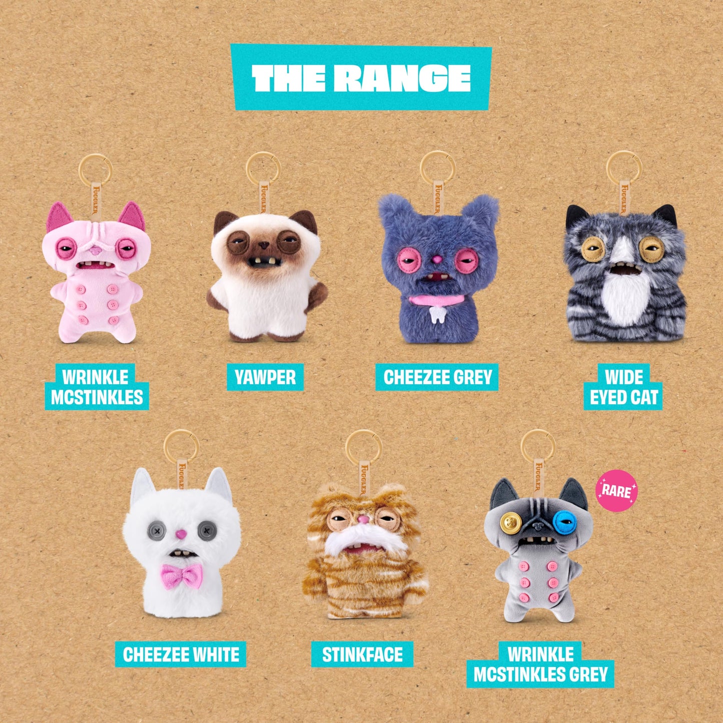 Fuggler Alley Cat Keyring 5 Inch Plush Collectible (6 Pack) by ZURU Funny Ugly Monster Featuring Mischievous Alley Cat Design, Signature Teeth, and Clip-On Keychain for Keys and Backpacks