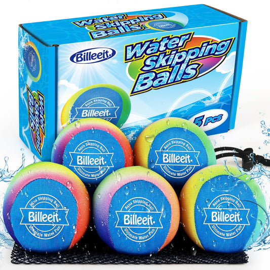 Billeeit 5Pcs Water Skipping Balls Set for Pool, Beach & Lake Play, Floating TPR Bounce Balls and Water Discs with Mesh Bag for Kids 3+ and Adults