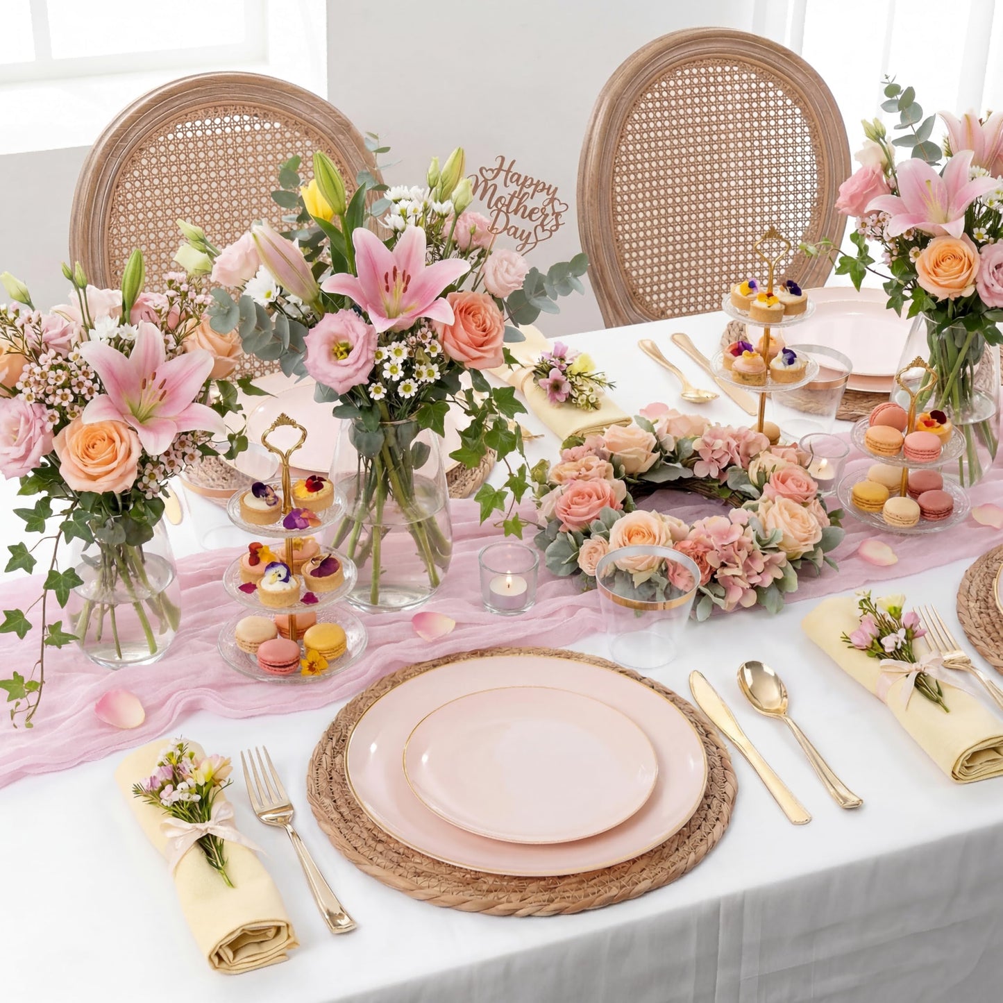KIRE 175PCS Pink Plates Disposable - Heavy Duty Pink and Gold Plastic Plates Dinnerware Sets - 25 for Dinner 25 for Dessert 25 Pre Rolled Napkins 25Cups for Spring/Wedding/Party/Baby Shower