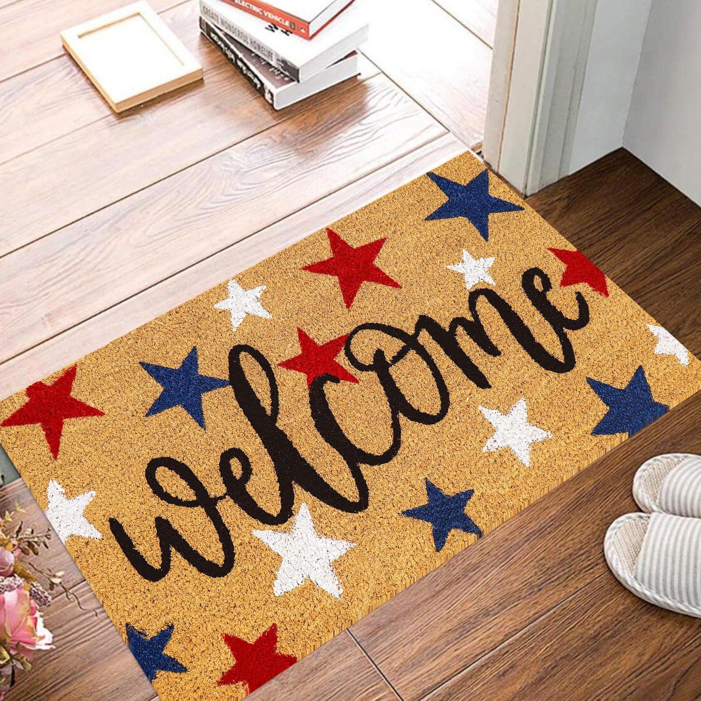 Whaline Patriotic Natural Coir Door Mat 4th of July Red Blue White Star Welcome Doormat Non-Slip Entrance Door Rugs for 250th Anniversary Independence Day Home Decor, 16.5 x 29 Inch