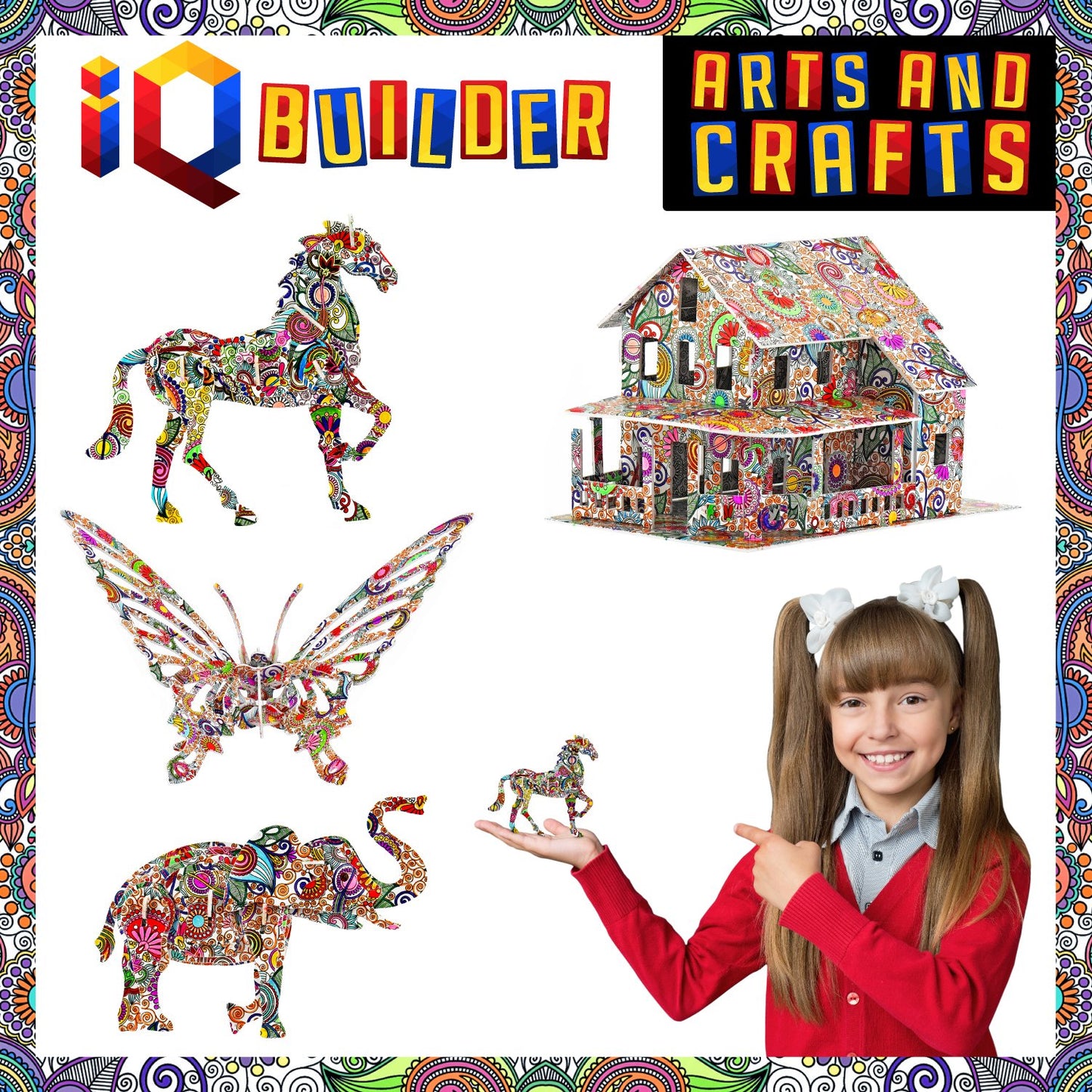 IQ Builder Arts and Crafts for Girls Age 7 8 9 10 11 12 Year Old and up | 3D Art Coloring Painting Animal Puzzle Set | Fun Creative DIY Toys | Family Craft KIT with Supplies | Best Toy Gift for Kids