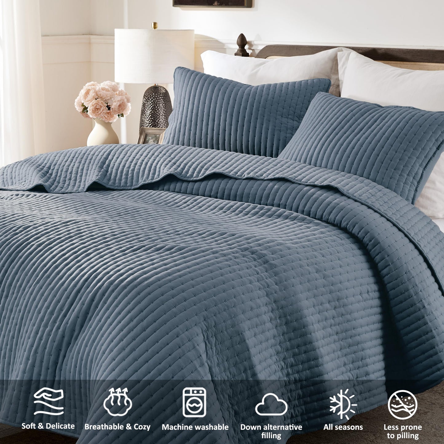 WDCOZY Blue Cross Stitch King Size Quilt Set, Striped Lightweight Soft Bedspread, Channel Farmhouse Rustic Coverlet, All Season Country Bedding, Thin Comforter