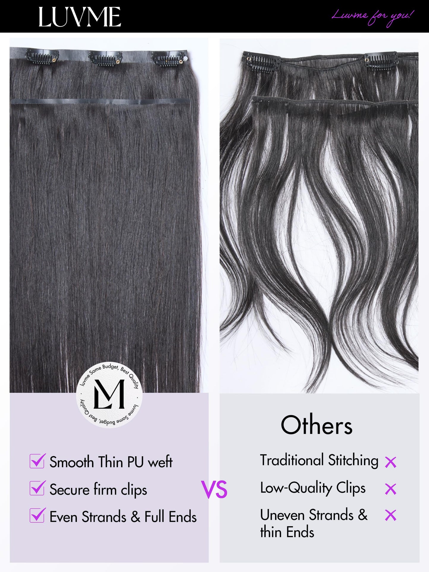 LUVME Straight Seamless 110g 7Pcs Clip in Hair Extensions Full Max with 18inch Remy Human Hair Extensions, Natural Black 100% Real Soft Human Hair Extensions