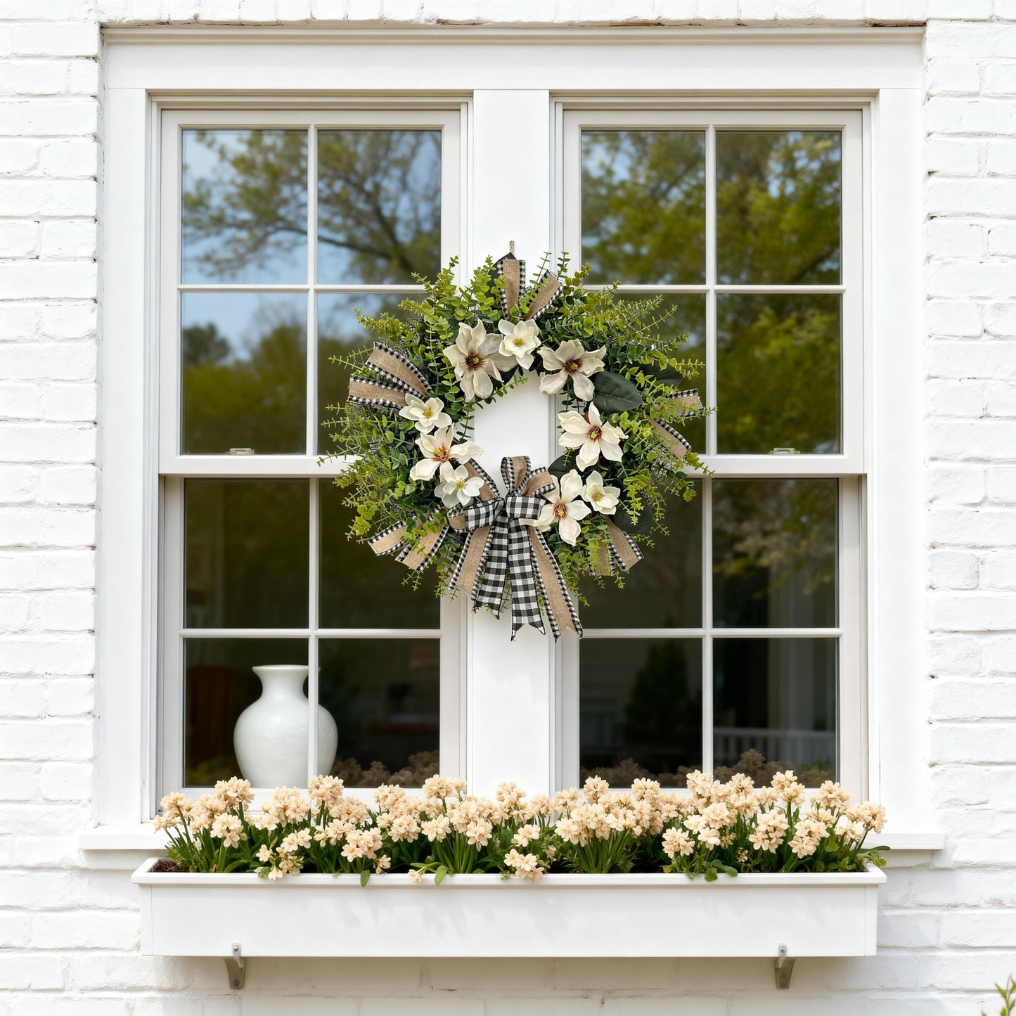IVKHE 24 Inch Artificial Magnolia Wreath for Front Door – Farmhouse Boxwood Greenery Wreath with Buffalo Plaid Bow, Year-Round Rustic Home Wall Decor for Porch, Entryway, Living Room