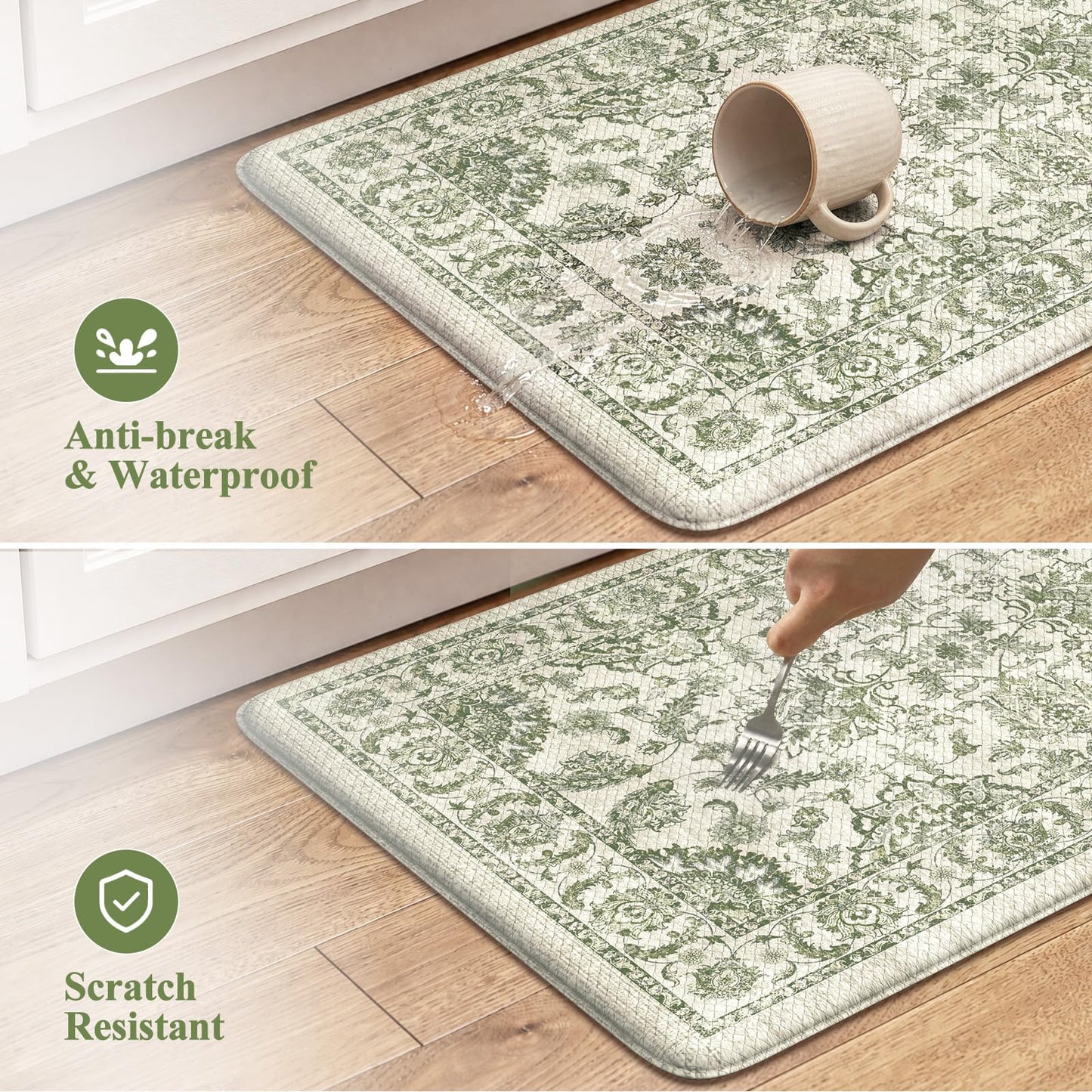 KIMODE Anti Fatigue Kitchen Mat Set, Non Slip Waterproof Kitchen Rug Set of 2, Boho Rugs for Kitchen, Ergonomic Standing Kitchen Sink Mats for Floor, 17"x29.5"+17" x47”, Sage Green