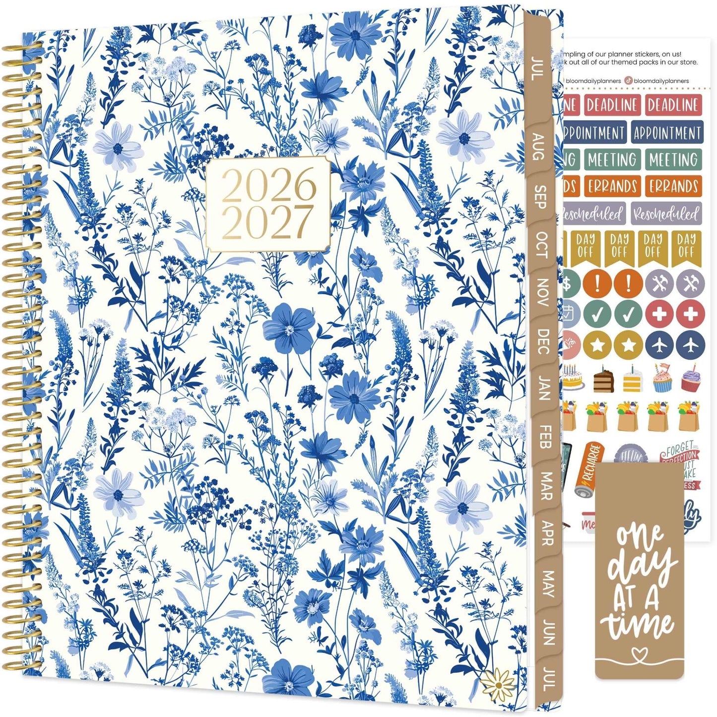 bloom daily planners 2026-2027 Planner (8.5” x 11") 13 Month Academic Organizer (July 2026 - July 2027) - Weekly & Monthly Agenda Book with Stickers & Tabs - Blue & White Floral