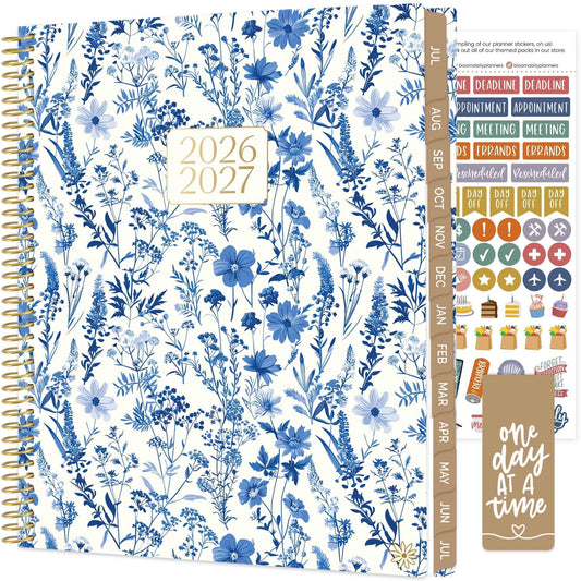 bloom daily planners 2026-2027 Planner (8.5” x 11") 13 Month Academic Organizer (July 2026 - July 2027) - Weekly & Monthly Agenda Book with Stickers & Tabs - Blue & White Floral