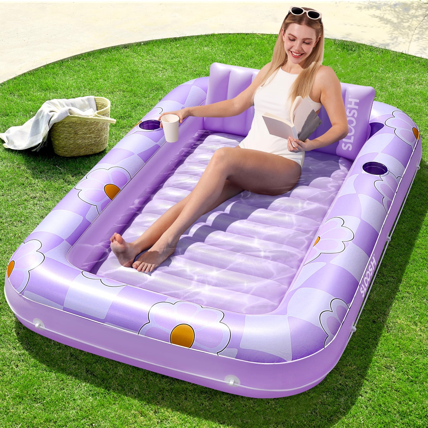SLOOSH Inflatable Tanning Pool Lounger Float, 70" x 46" Pool Floats Adult with Pillow, 4 in 1 Suntan Tub Raft Floatie,Sunbathing Bed Lounge for Water Blow Up Ball Pit Party Gifts, Purple Chase Flower
