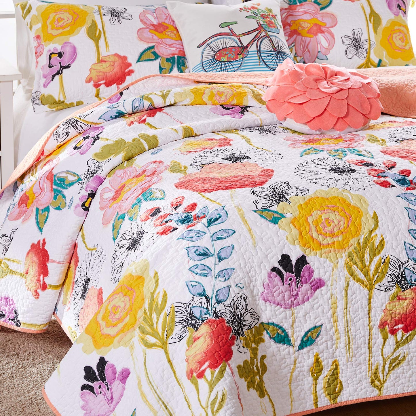 Greenland Home - GL-1408AMSQ Watercolor Dream Quilt Set, 3-Piece Full/Queen, White