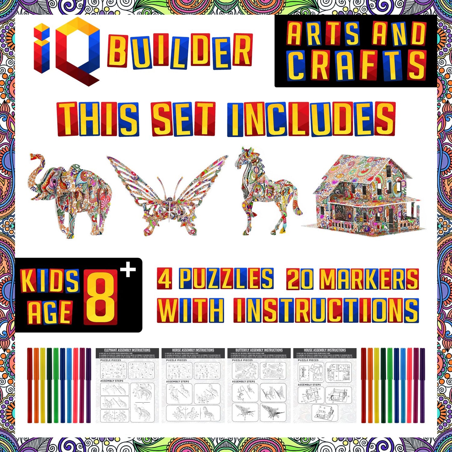 IQ Builder Arts and Crafts for Girls Age 7 8 9 10 11 12 Year Old and up | 3D Art Coloring Painting Animal Puzzle Set | Fun Creative DIY Toys | Family Craft KIT with Supplies | Best Toy Gift for Kids