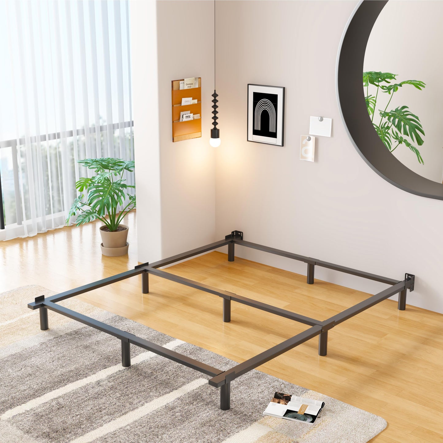 EMODA 7 Inch Queen Bed Frame for Box Spring and Mattress, 9 Legs Support Metal Bed Base, Tool-Free and Easy Assembly, Black