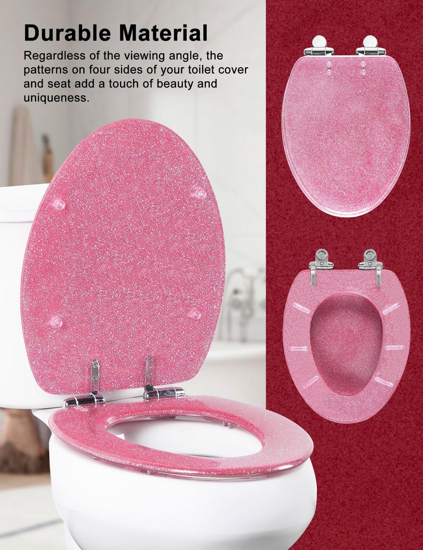 Angol Shiold ELONGATED Pink Toilet Seat Resin Glitter, Slow Close Heavy Duty Acrylic Toilet Seats for Standard Toilets, Easy Installation & Cleaning(19Inch, Pink Glitter, Upgraded hinges)