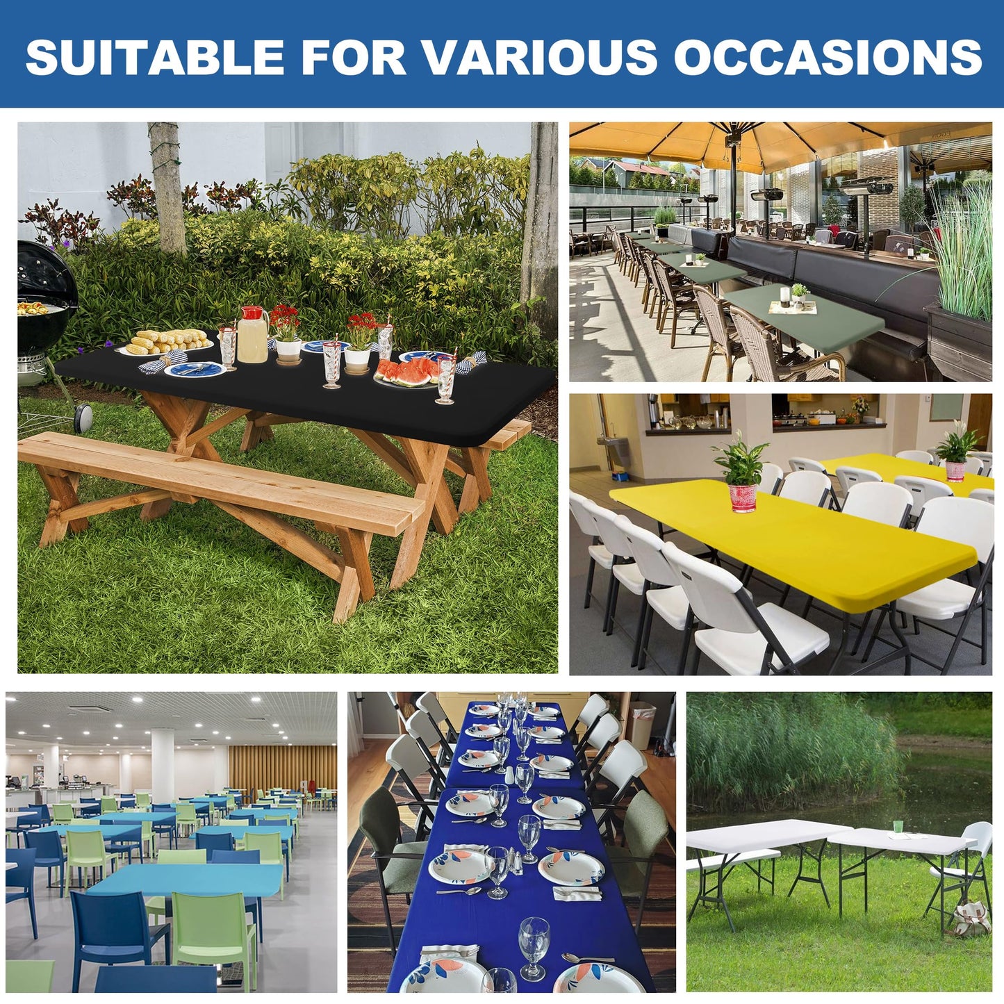 Enjoyidea Fitted Tablecloth for 6 Foot Rectangle Tables-10 Pack Black Elastic Outdoor Picnic Table Cover-Spandex Stretch Folding Table Cloths 6 ft for Camping Dining Room Patio Kitchen Banquet Party